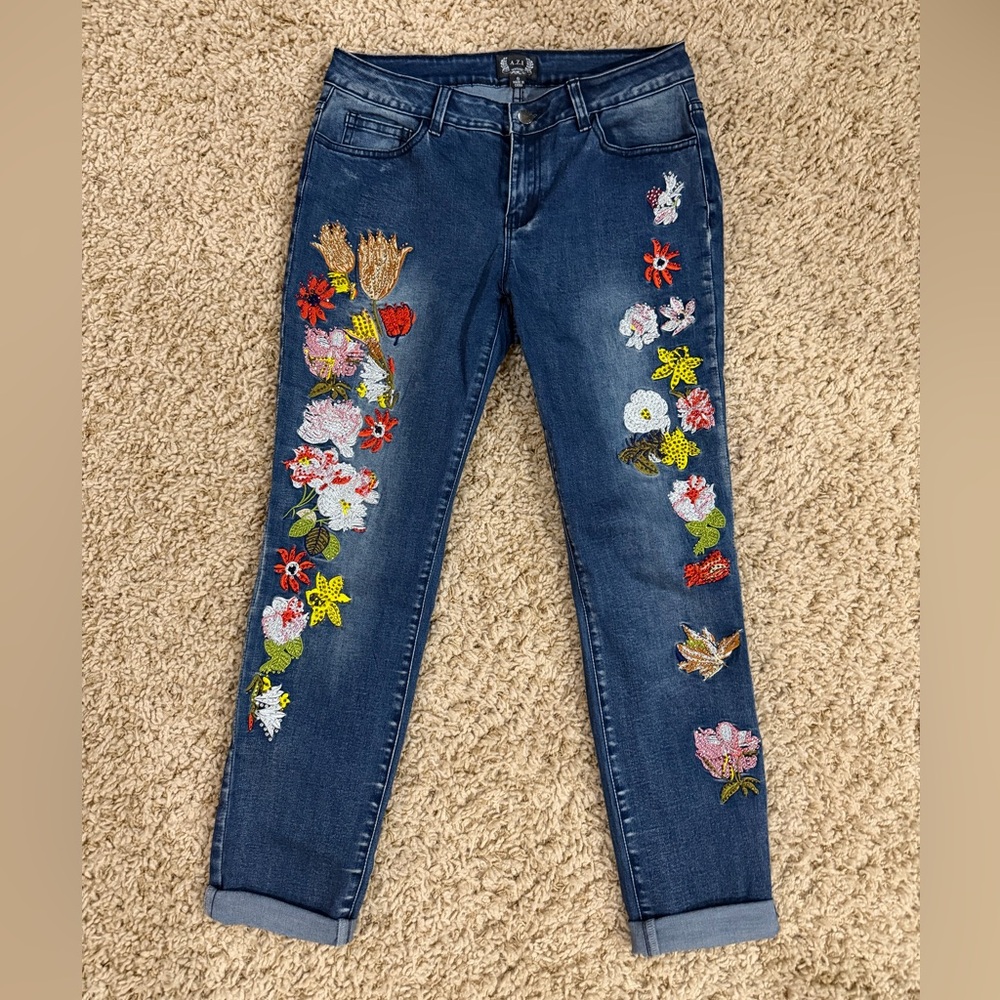 A.Z.I Embroidered/Jeweled Floral Blue Jeans Size 6